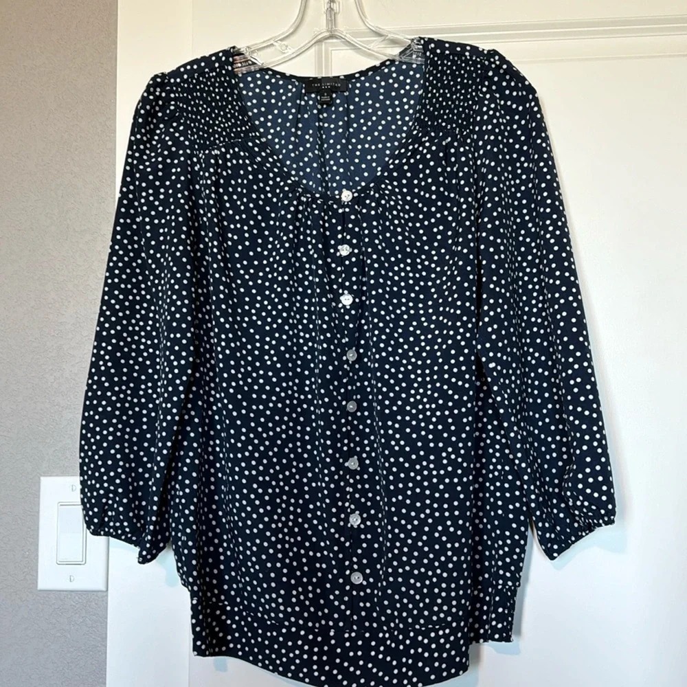 The Limited Navy White Polka Dot Blouse Shirt‎ Women's Size Small Smocked Waist